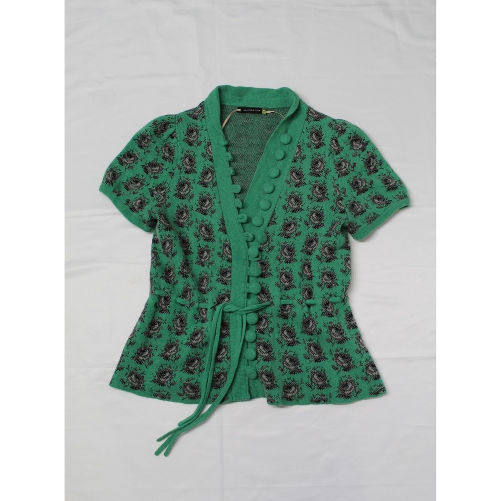 Leifsdottir Green Floral Wool Angora Short Sleeve Tie Waist Cardigan XS